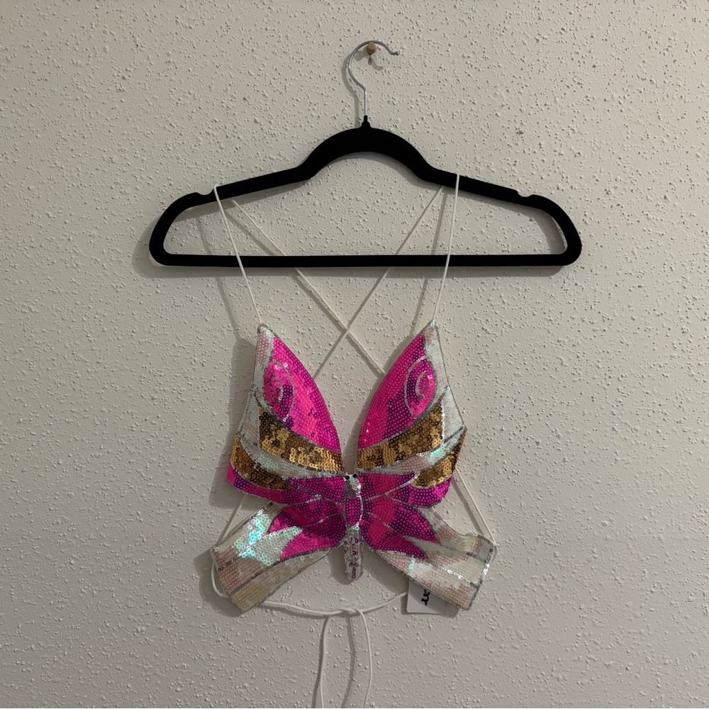 Sequin Butterfly Crop Tank Top - Pink
